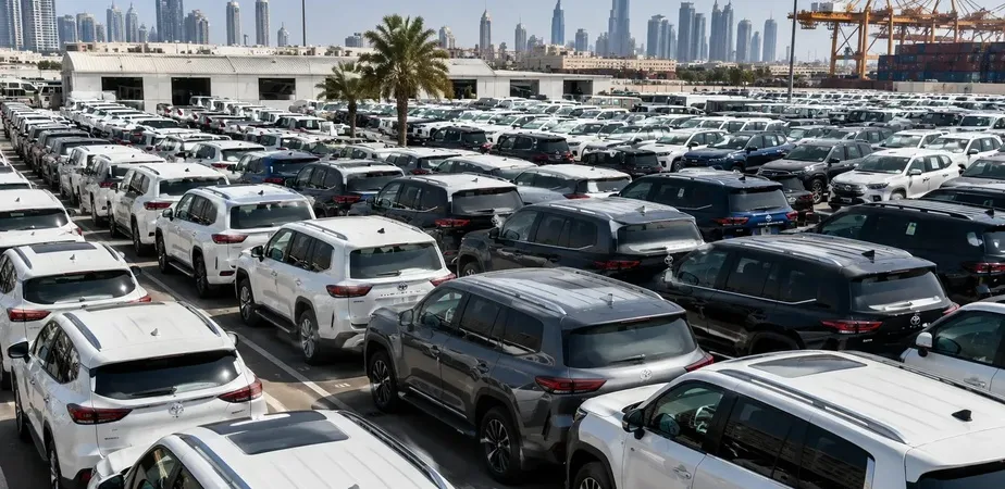 Large automotive export yard in Dubai with rows of vehicles ready for international shipment.