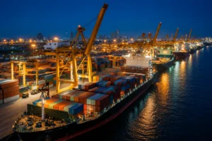 Container ship transporting cargo across international waters as part of a global sourcing and supply chain network.