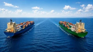 Cargo ship loaded with containers departing an international seaport.