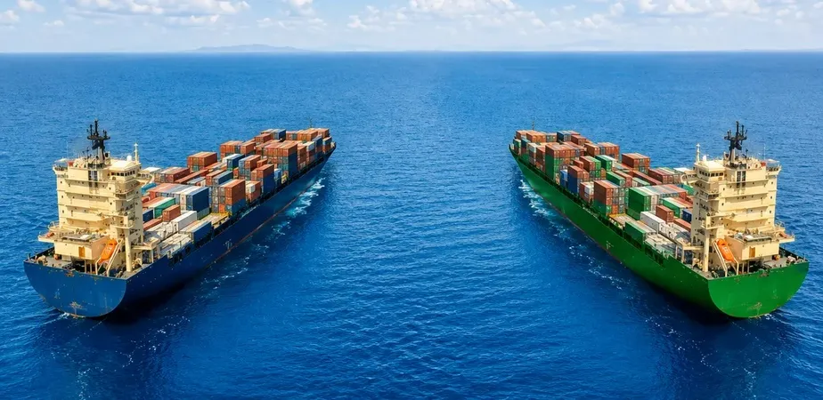 Cargo ship loaded with containers departing an international seaport.