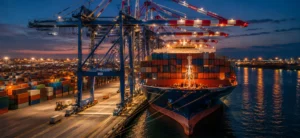 Container ship transporting cargo across international waters as part of a global sourcing and supply chain network.