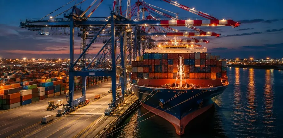 Container ship transporting cargo across international waters as part of a global sourcing and supply chain network.