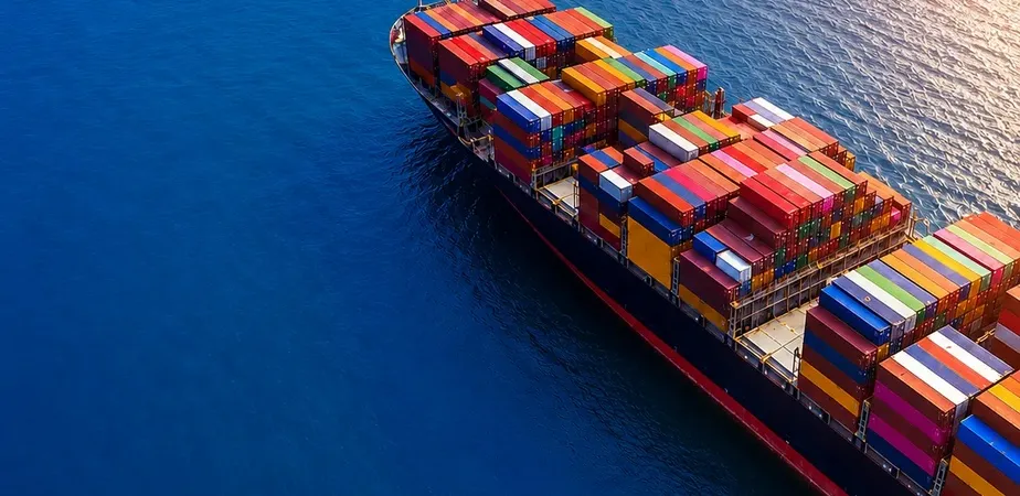 Container ship transporting cargo across international waters as part of a global sourcing and supply chain network.