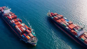 Container ship transporting cargo across international waters as part of a global sourcing and supply chain network.