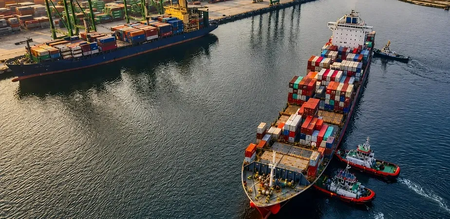 Container ship transporting cargo across international waters as part of a global sourcing and supply chain network.