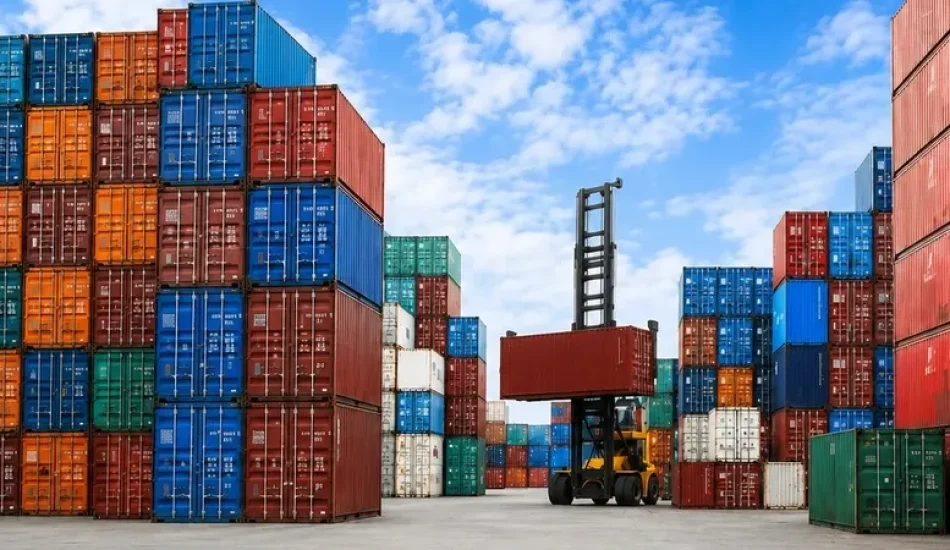 Container ship transporting cargo across international waters as part of a global sourcing and supply chain network.